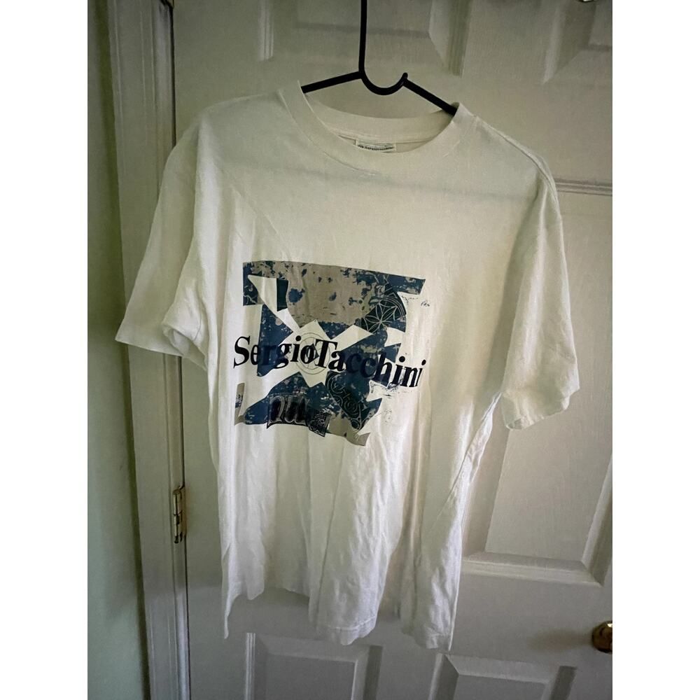 Sergio Tachini Vintage TeeShirt - L - Cotton Short Sleeve - Y2k Blue White